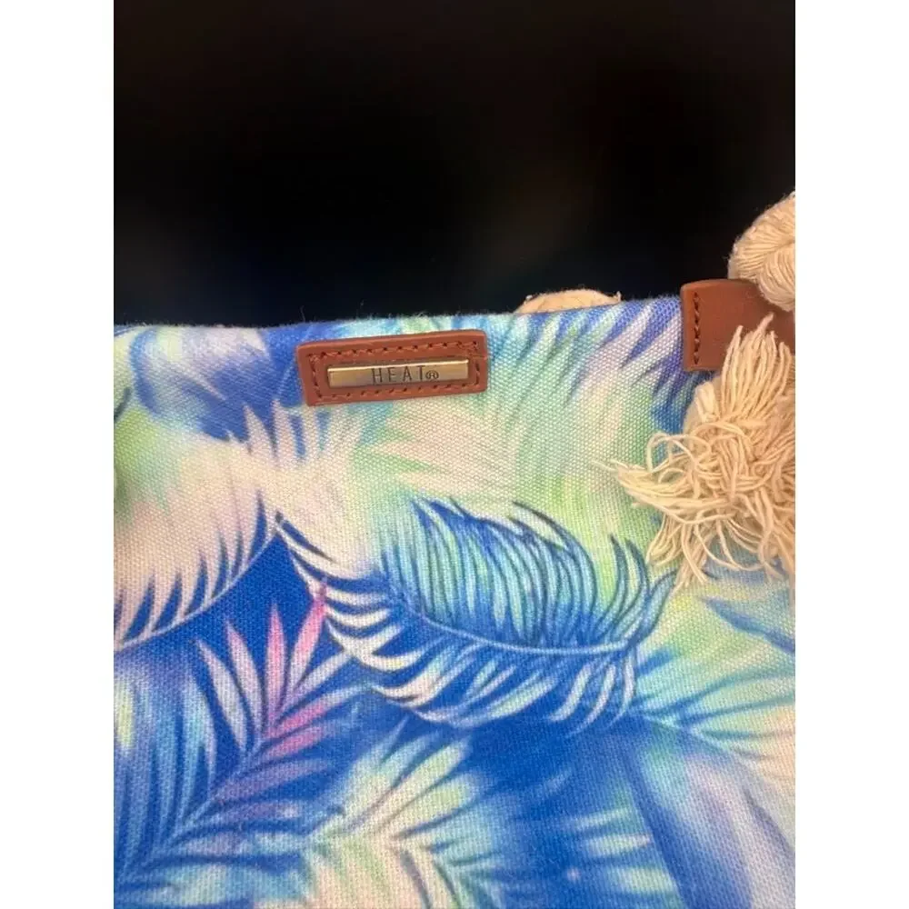 HEAT Swimwear Blue Palm Leaf Straw Beach Tote Bag Rope Handles Large Zip Top